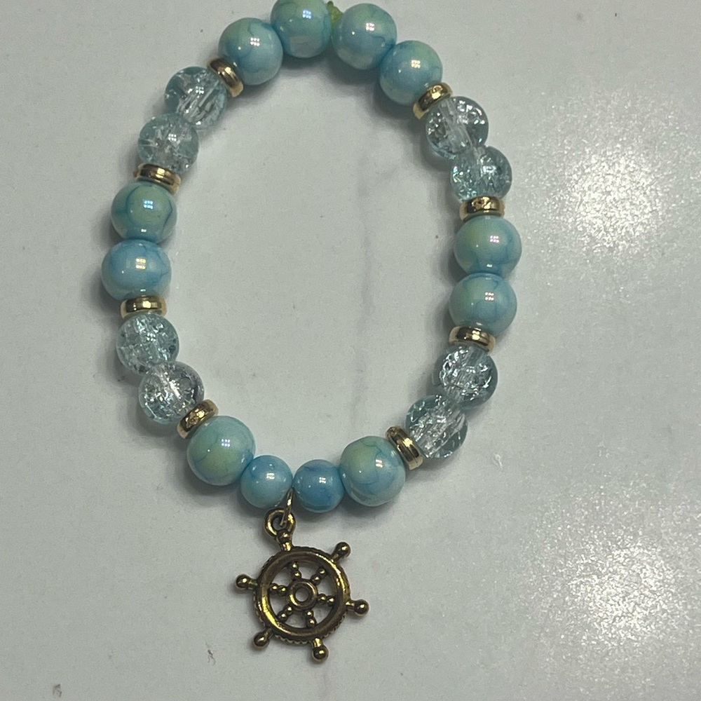 Gold and Blue Beaded Bracelet with Nautical Charm